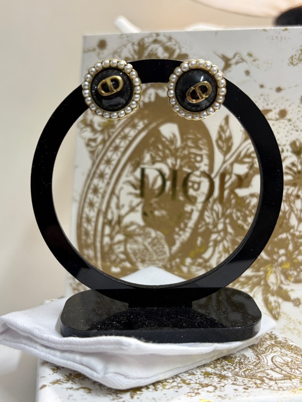 Dior Black and Gold Pearl-Trim Button Earrings